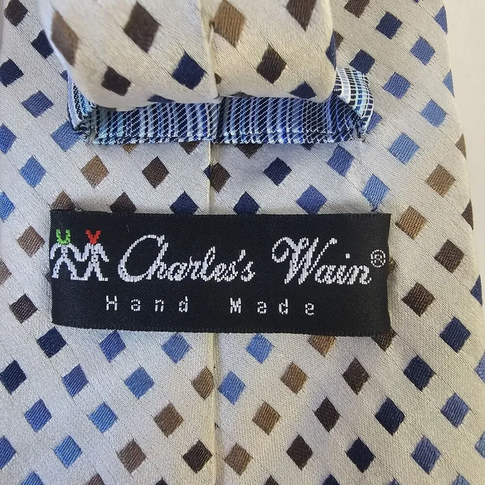 Mens Charles Wain Hand Made Silk Tie Cream Blue Hues Casual Preppy  R0337